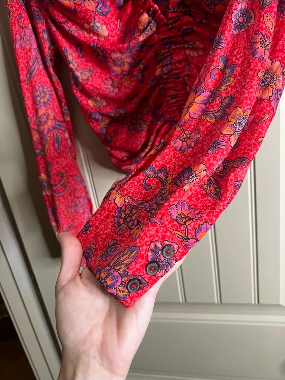 Free People Red Floral Ruched Long-Sleeve Blouse